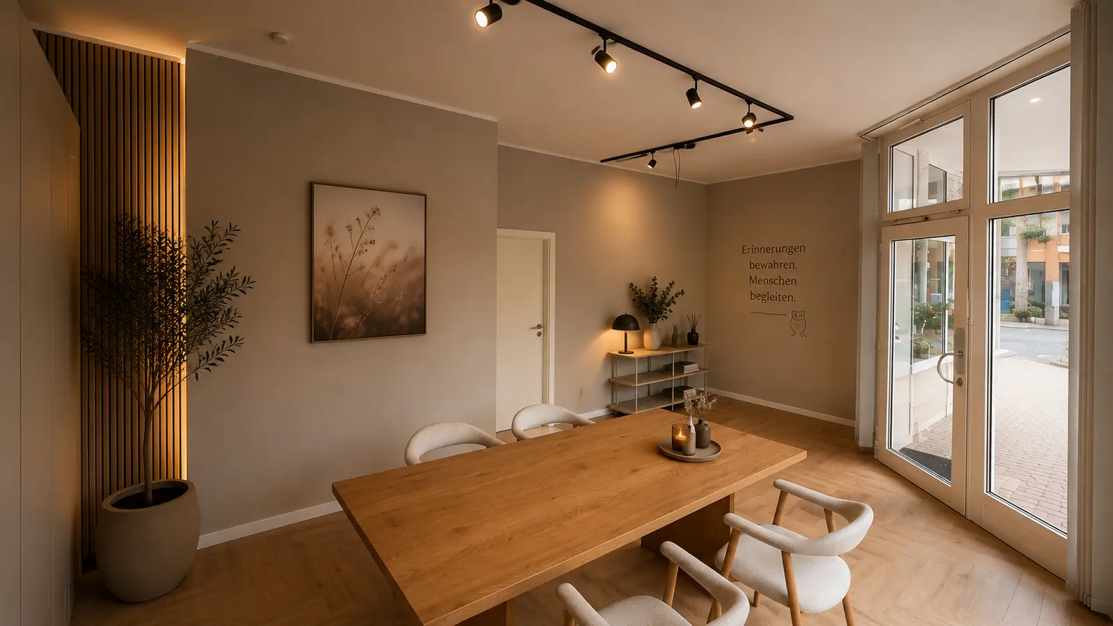 Der Raum nach dem Umbau: Beratungsraum für Bestattungen und Vorsorge mit Holztisch, Olivenbaum und warmem Licht