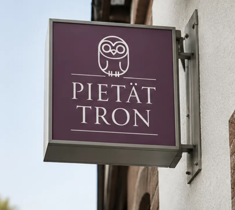 Das Schild von Pietät Tron mit der Eule an einer Hausfassade