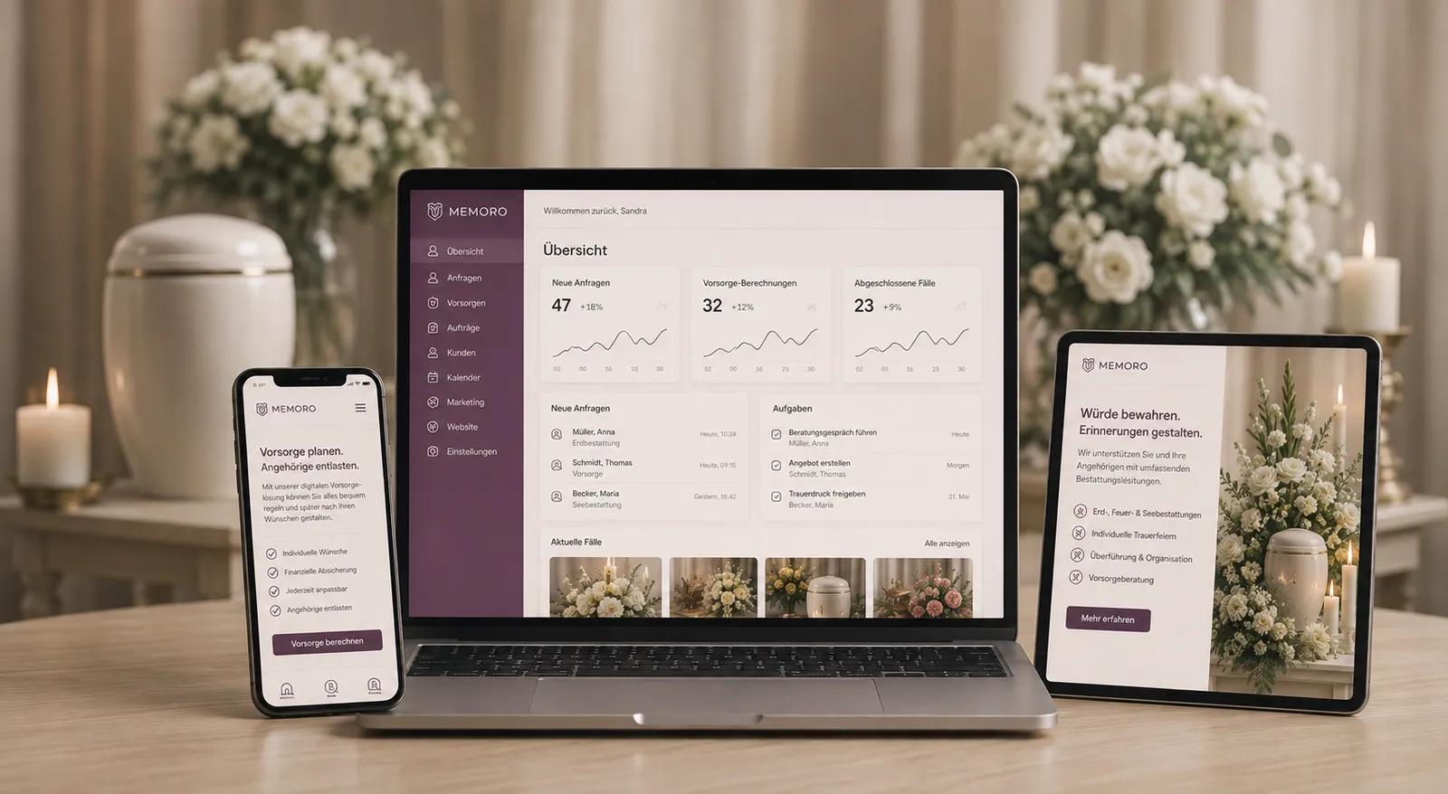 Die Vorsorge- und Marketingoberfläche von MEMORO auf Laptop, Tablet und Telefon